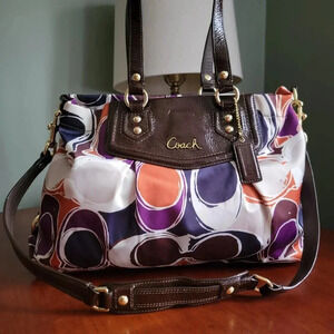 Coach Ashley Satin Signature Scarf Print & Brown Patent Leather Satchel #F20113